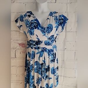 IMAN Global Chic Blue Floral Maxi Dress Large V-neck Cap Sleeve Headwrap New Tag